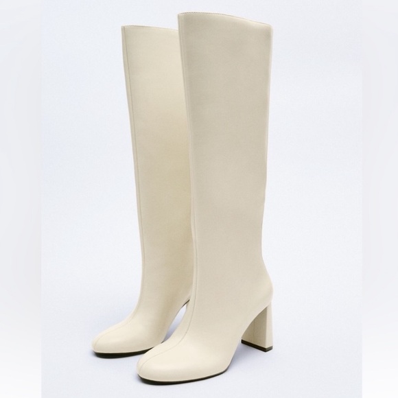 Shoes - Zara ivory off white cream round toe knee high heeled chunky block heel boots
